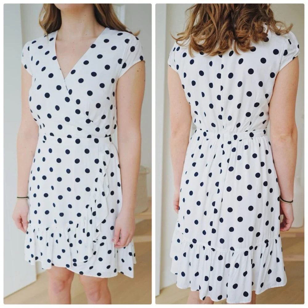 J.Crew Women's Ruffle-Front Cap‎ Sleeves Mini Dress in Soft Rayon Polka Size 2